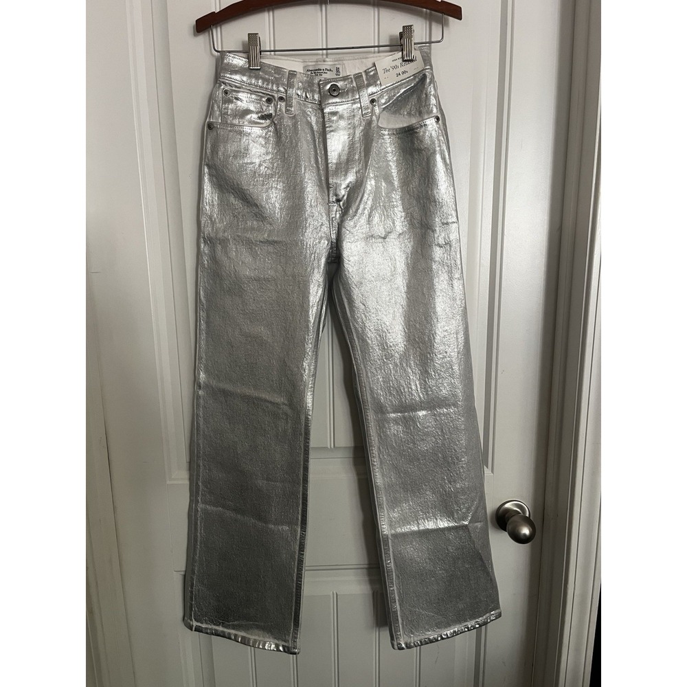 New Abercrombie & Fitch  90's High Rise Silver Metallic 24 00 S Shiny Jeans 679